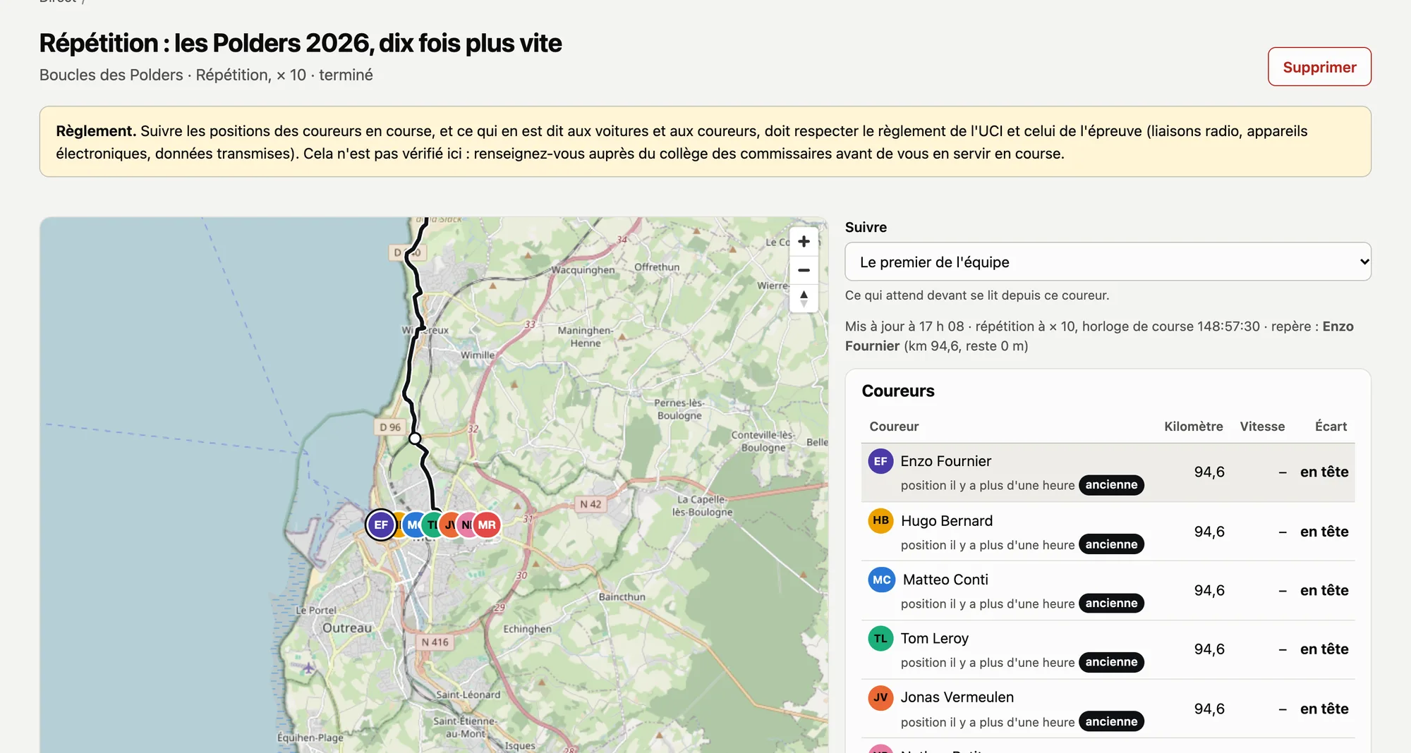 Le copilote du direct : la carte avec les coureurs, la liste des coureurs avec leur kilomètre et leur écart, la prochaine côte et le prochain ravitaillement.