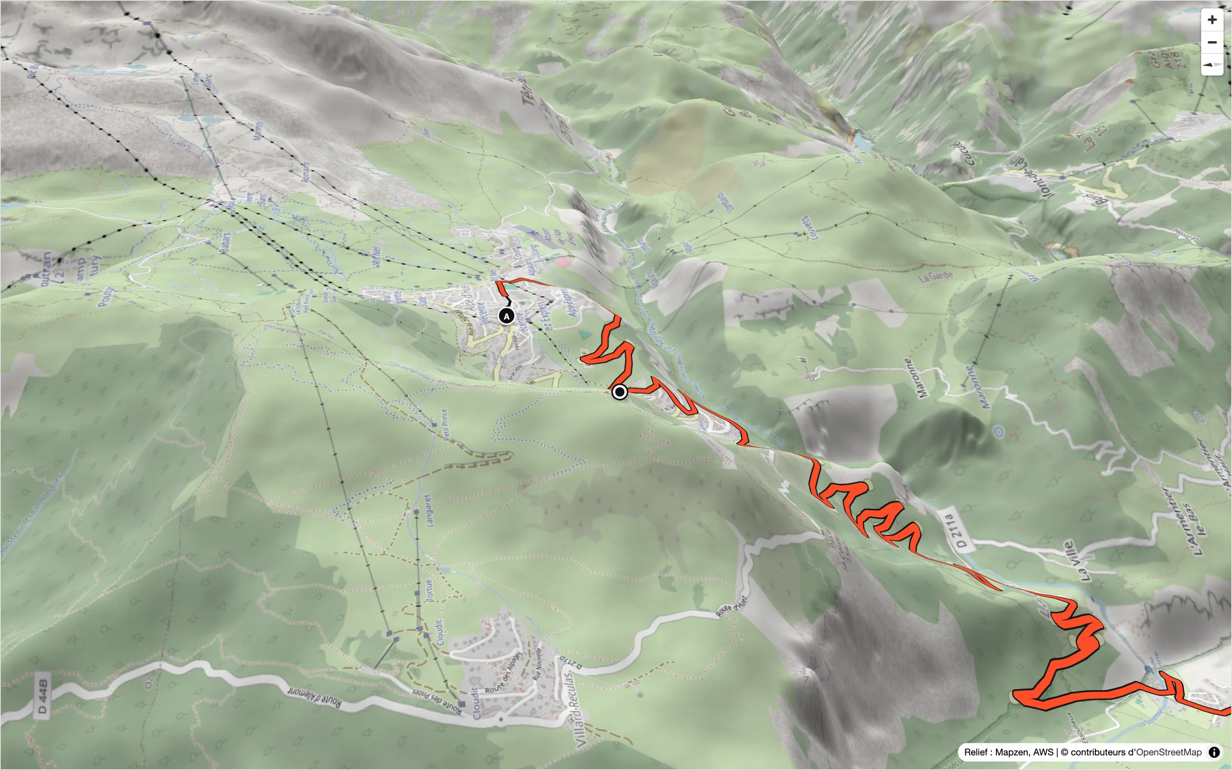 Le survol en 3D de la montée de l’Alpe d’Huez : la route en rouge dans les lacets, sur le relief.